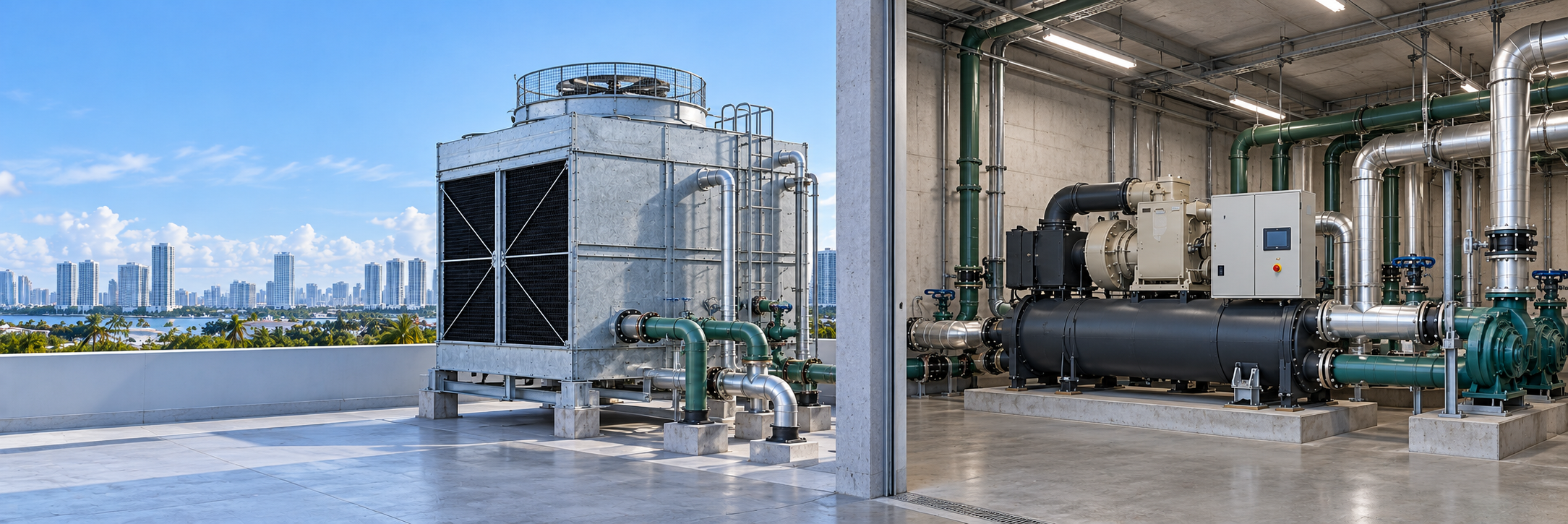 Illustrative composite showing an outdoor rooftop cooling tower and a water-cooled chiller inside an enclosed mechanical room.