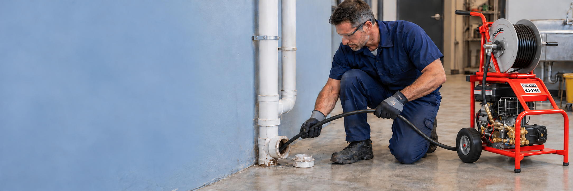 Illustration of a plumbing technician guiding a hydro jetting hose into a drain cleanout beside a portable water jetter.