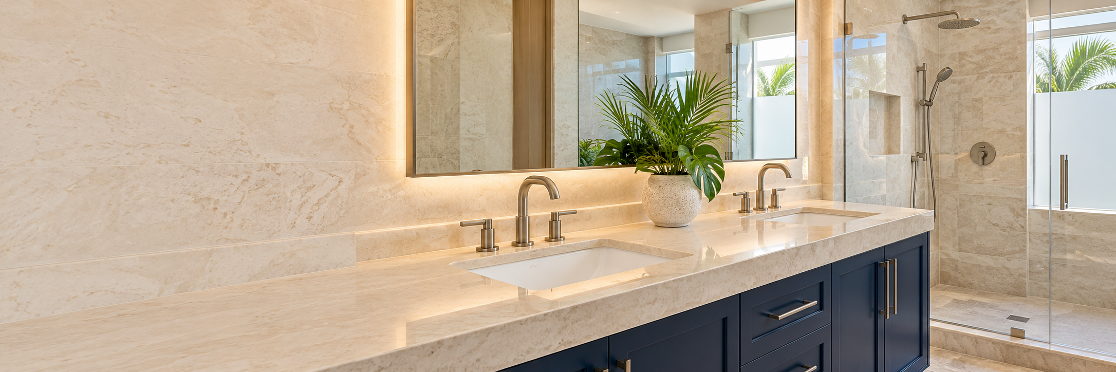 Illustrative modern bathroom with an elegant vanity, contemporary finishes and a glass shower enclosure.