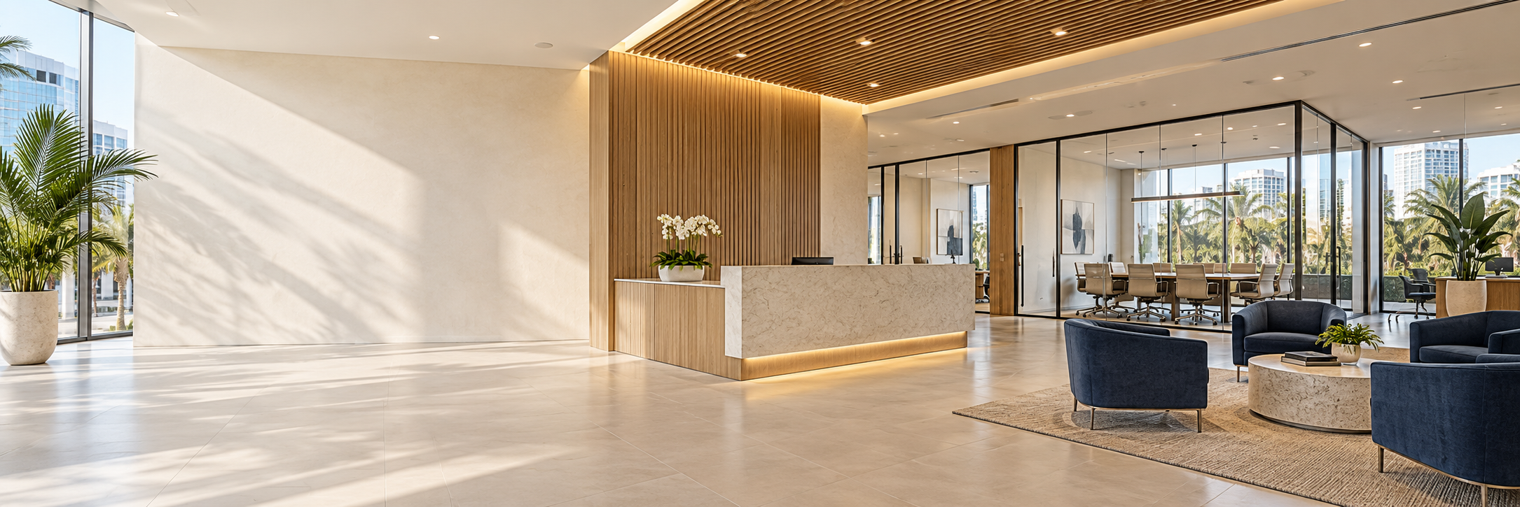 Illustrative modern commercial reception with glass offices, warm wood finishes and Florida views.