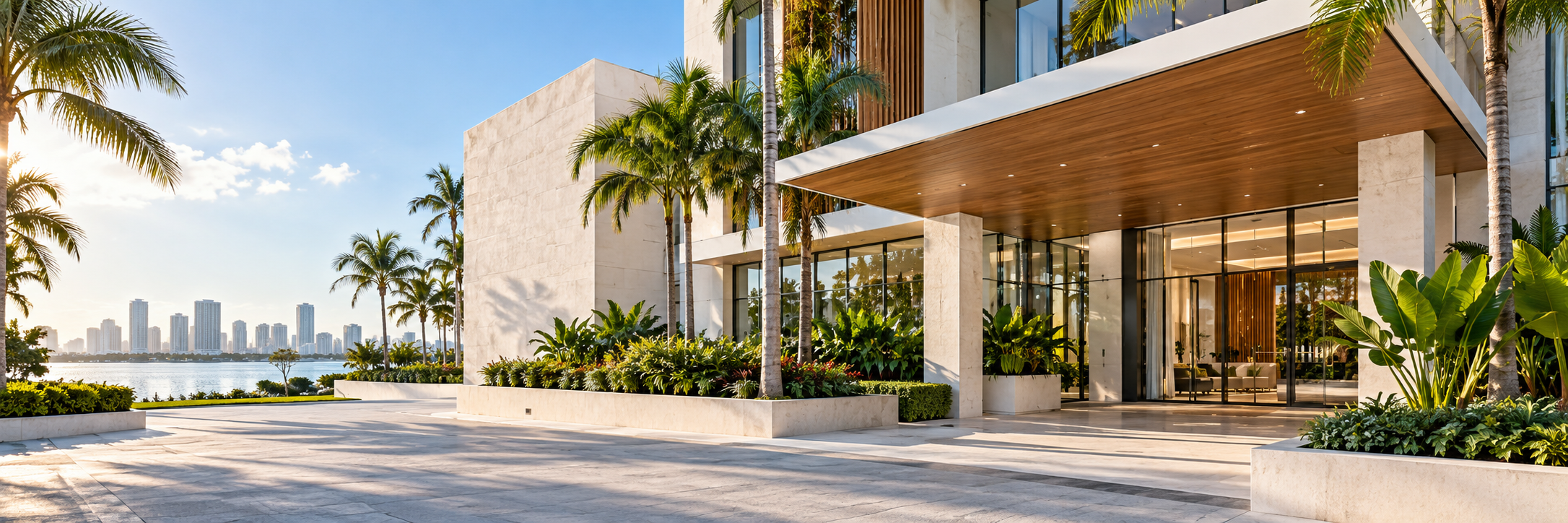 Imagen ilustrativa de una propiedad moderna de Miami con jardines tropicales y edificios frente al agua.