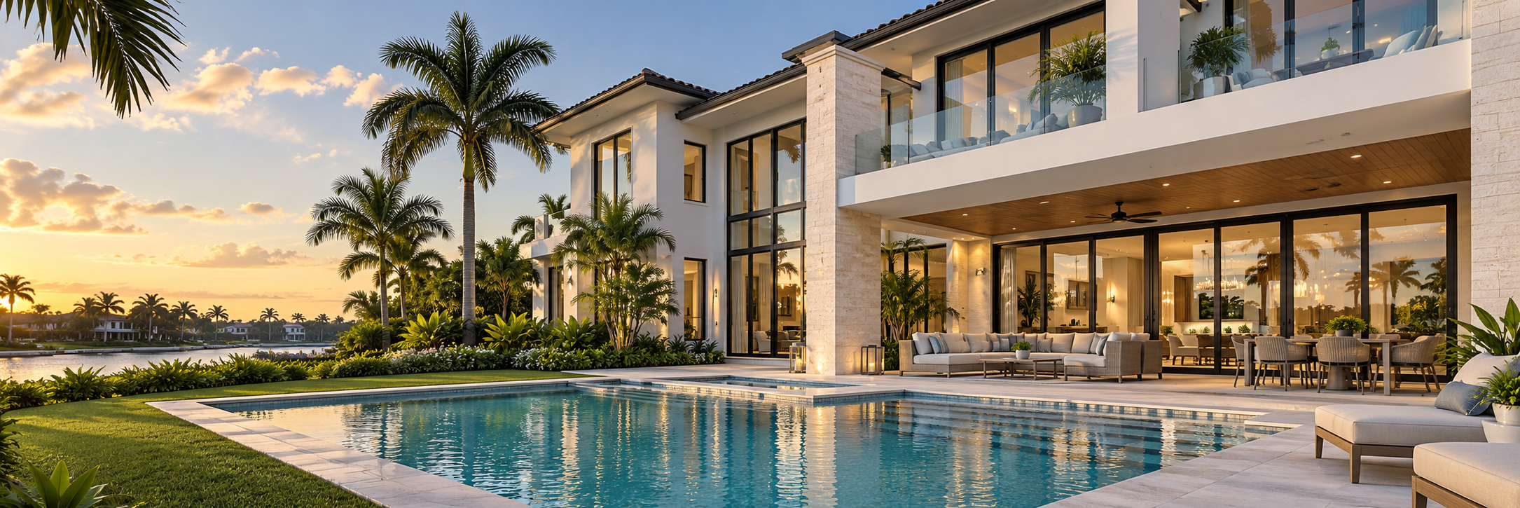 Imagen ilustrativa de una residencia contemporánea de lujo en el sur de Florida, con jardines tropicales, terraza cubierta y piscina.