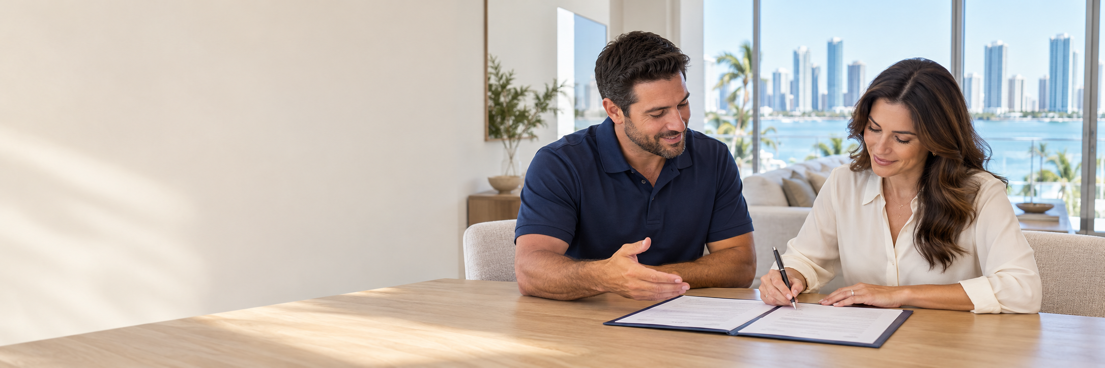 Illustrative scene of a homeowner signing a maintenance agreement while speaking with an HVAC technician.