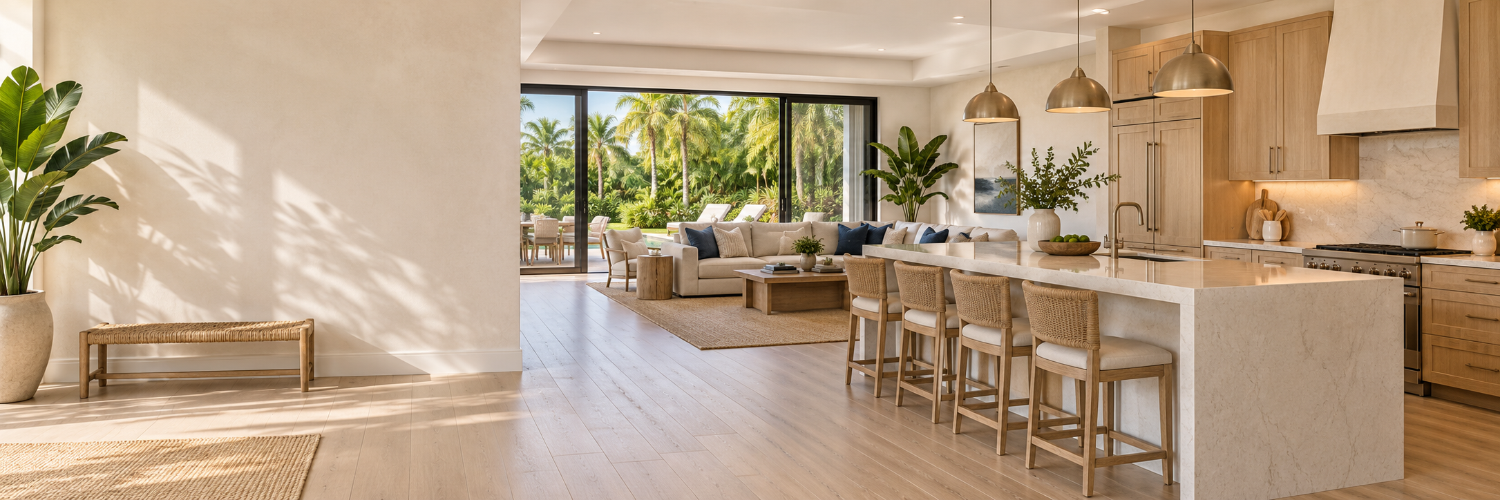 Imagen ilustrativa de una vivienda remodelada en Florida con cocina abierta, sala luminosa y vista a un jardín tropical.