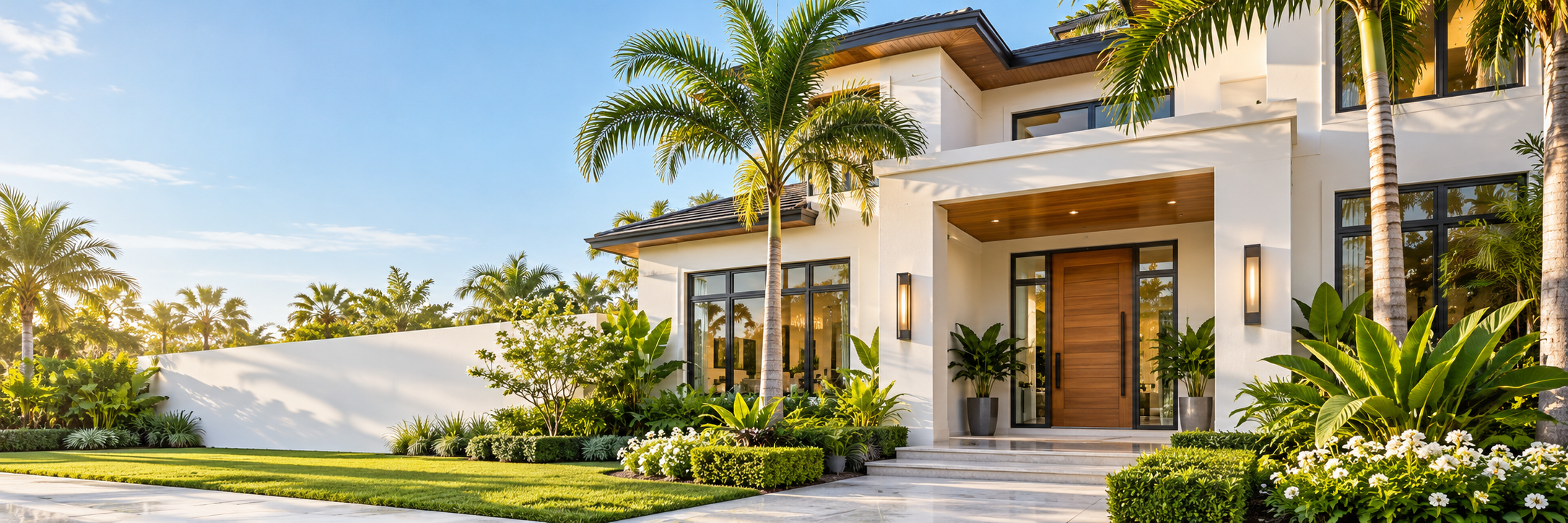 Imagen ilustrativa de una vivienda moderna del sur de Florida con una entrada acogedora y jardines tropicales.