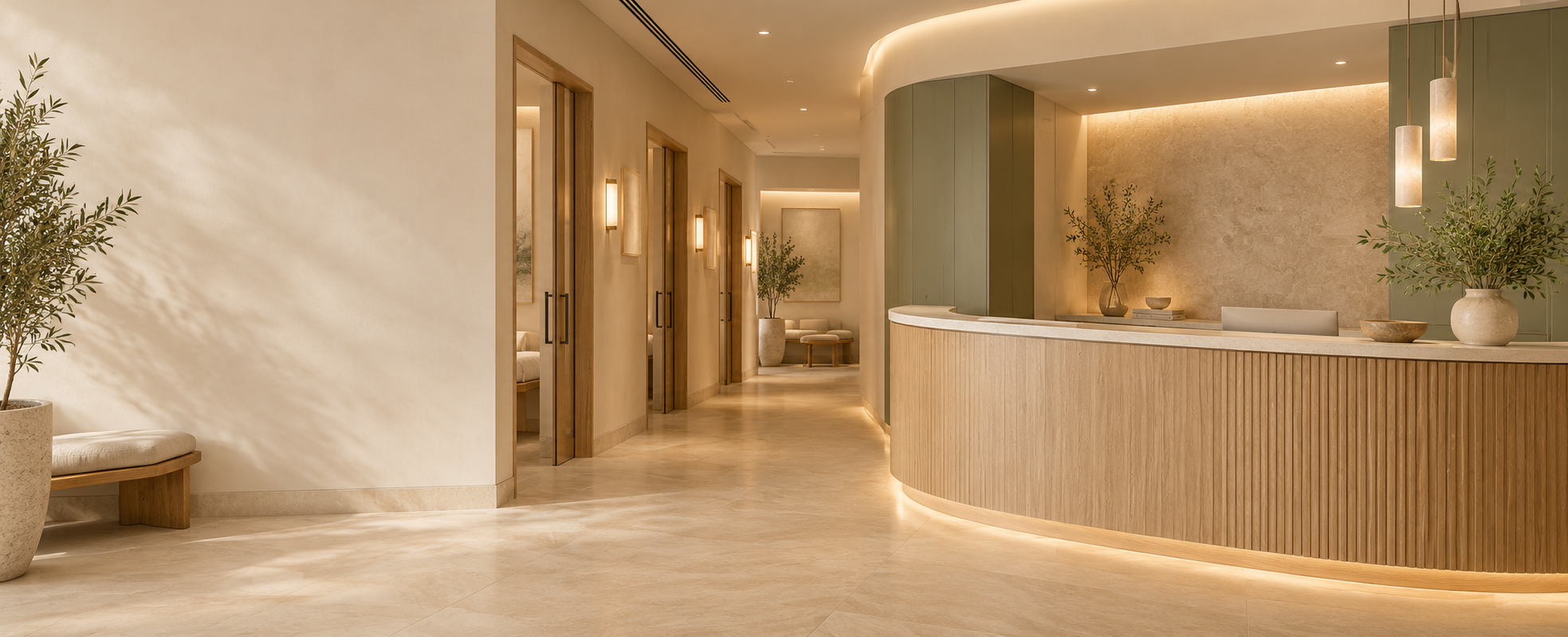 Illustrative spa interior with a light wood reception desk, beige finishes, and sage green accents.